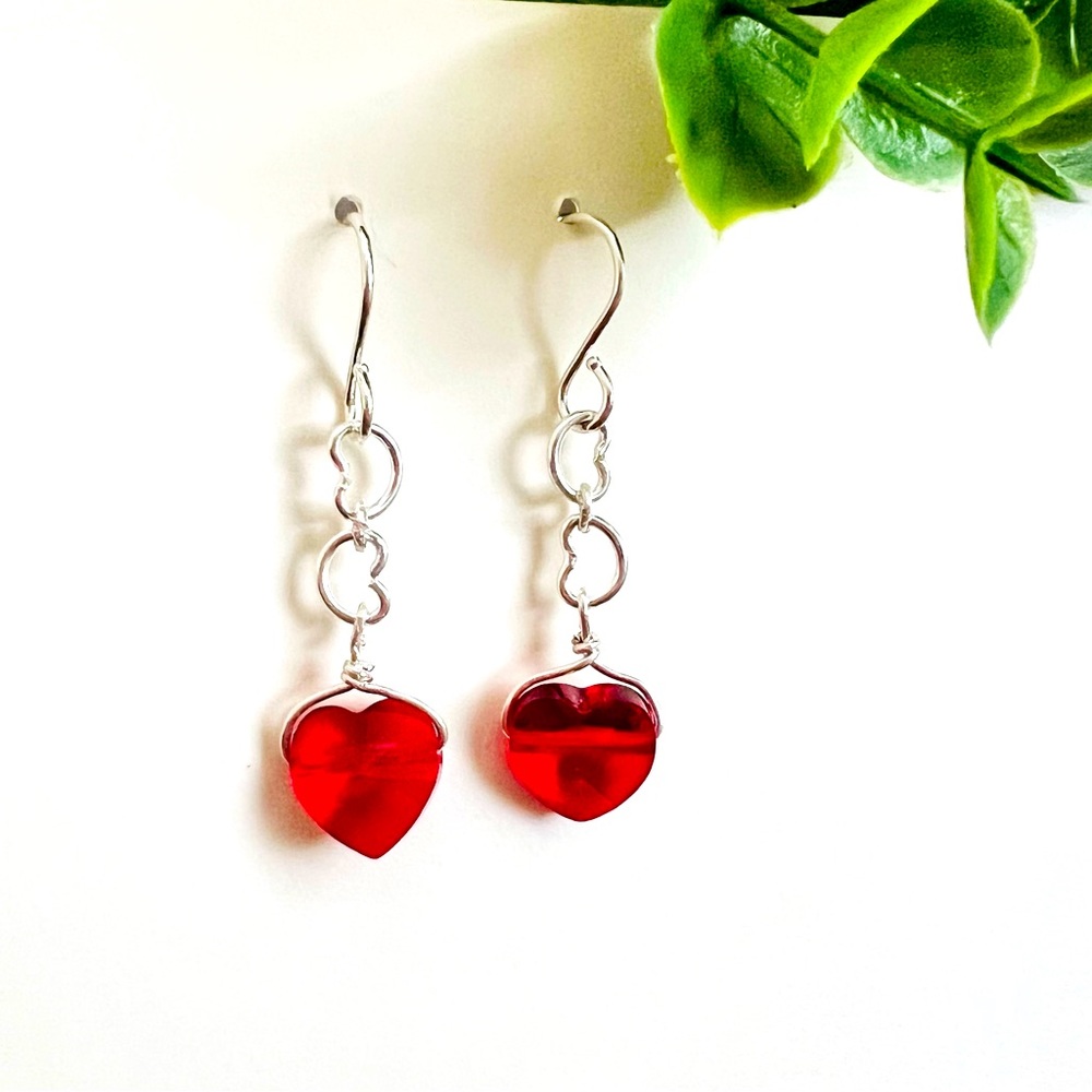 Red Swarovski Heart‎ Sterling Silver Dangle Earrings